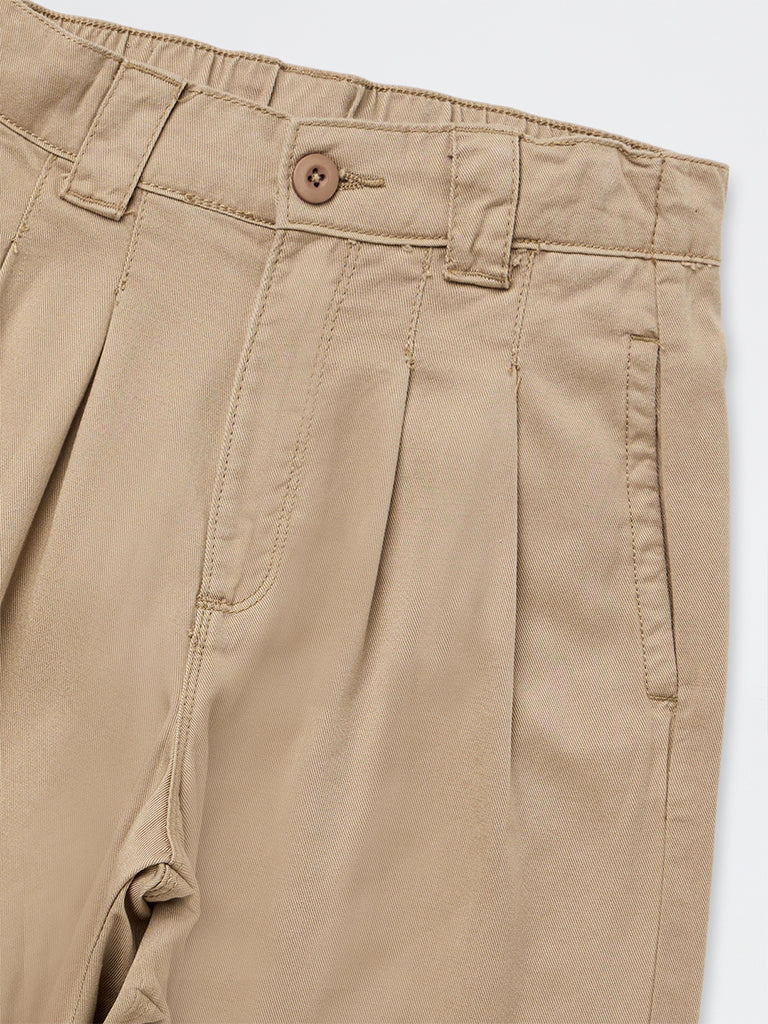 Girls Beige Pleated High-Rise Trousers