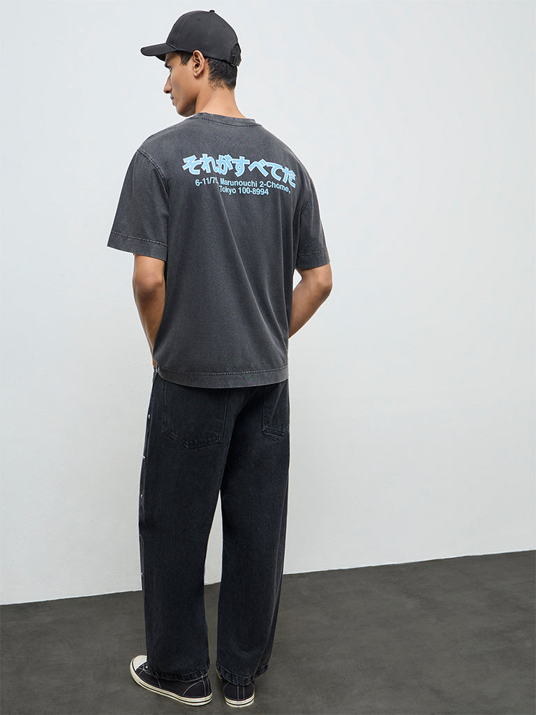 Nuon Charcoal Typographic Relaxed-Fit Cotton T-Shirt
