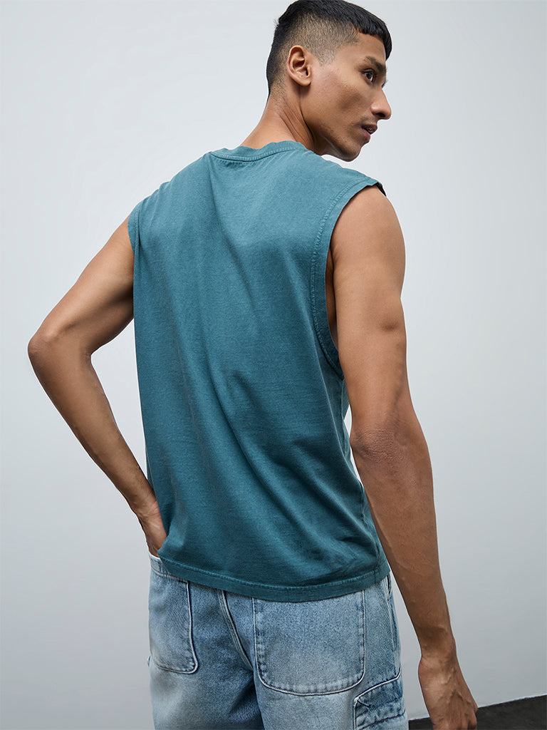 Nuon Teal Text Relaxed-Fit Cotton T-Shirt