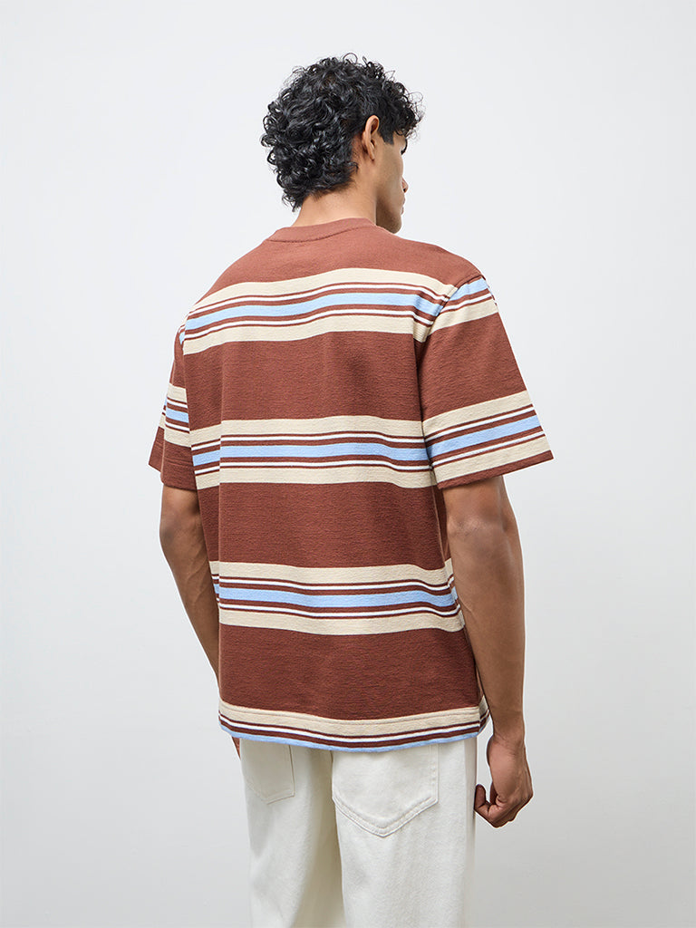 Nuon Brown Striped Relaxed-Fit Cotton T-Shirt