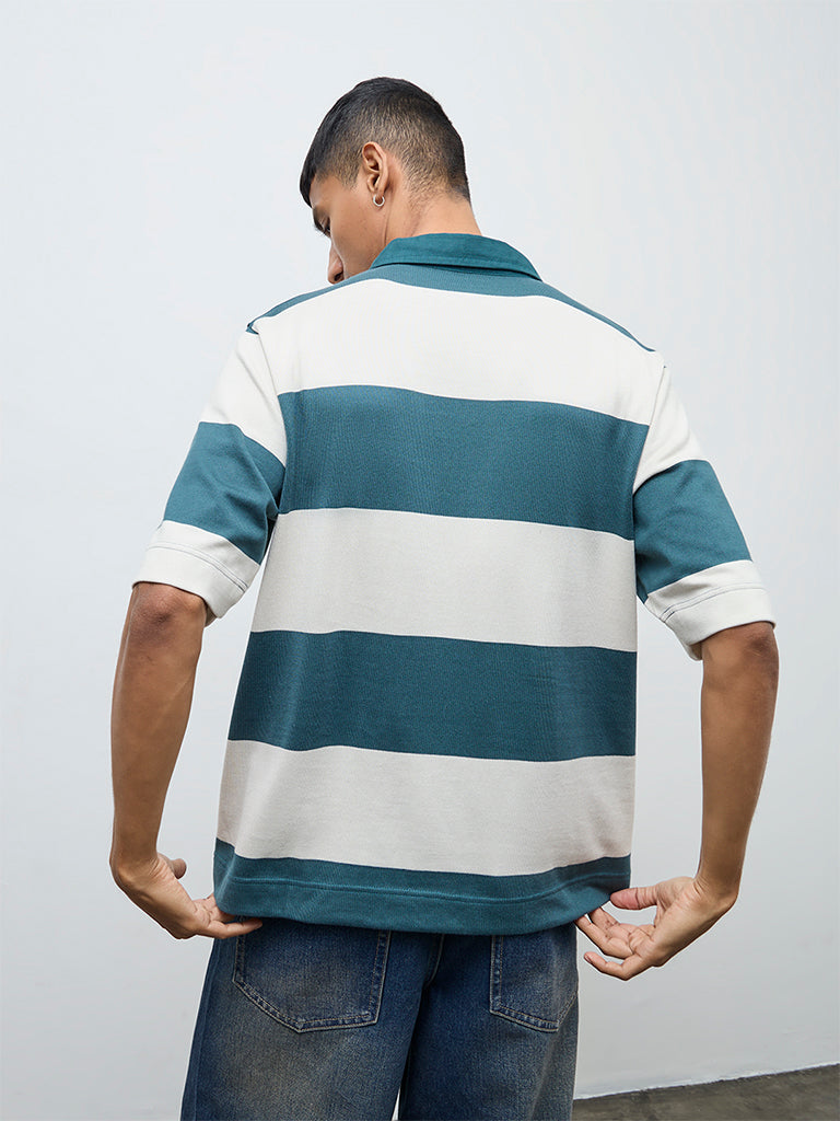 Nuon Teal Striped Relaxed Fit Cotton-Blend Polo T-Shirt