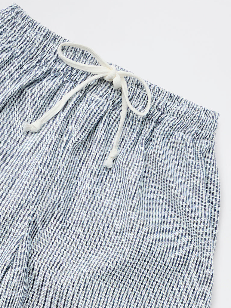 Girls Blue Striped High-Rise Pants