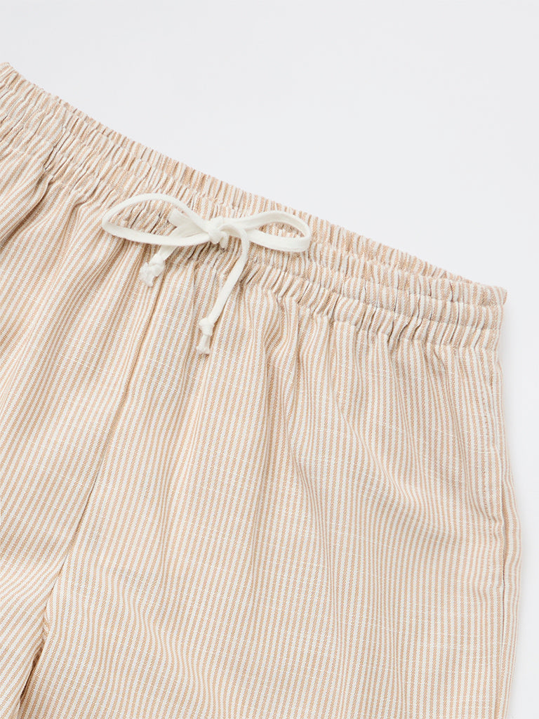 Girls Beige Striped High-Rise Pants