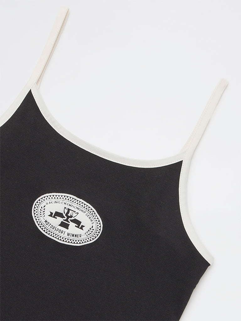 Girls Black Printed Cotton-Blend Spaghetti Top