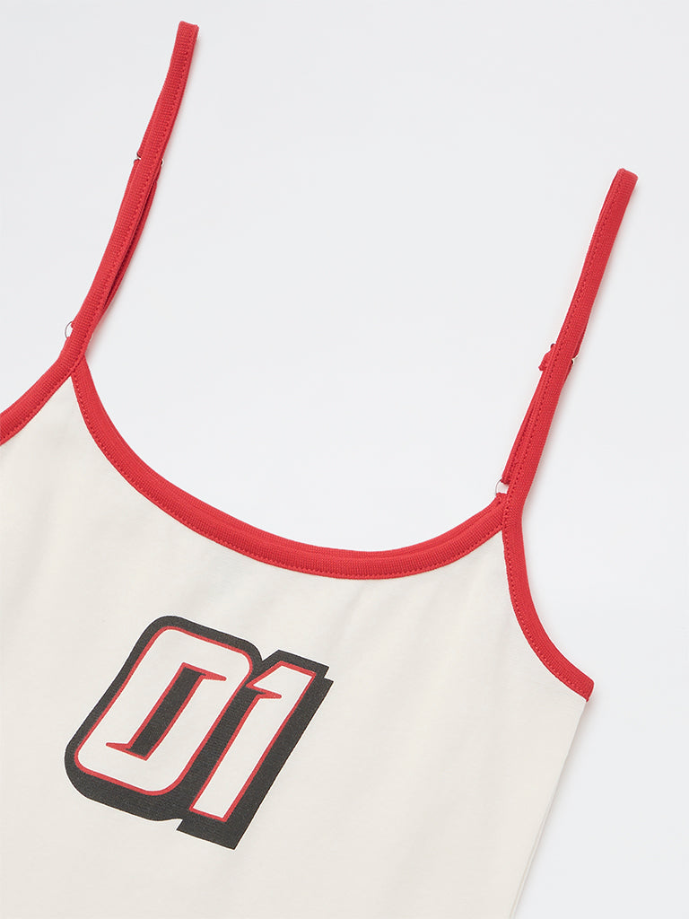Girls Off-White Printed Cotton-Blend Spaghetti Top