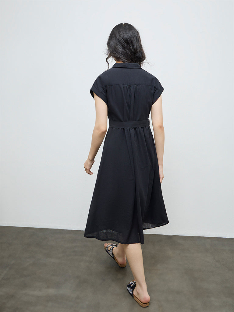 Bombay Paisley Black Embroidered Cotton A-Line Dress with Belt