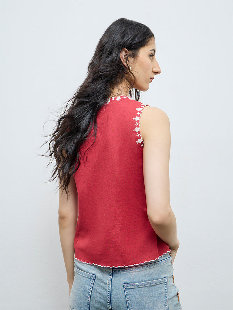 Bombay Paisley Red Floral Embroidered Cotton-Blend Top