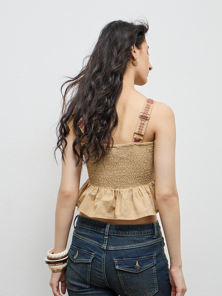 Bombay Paisley Brown Embroidered Cotton-Blend Peplum Top