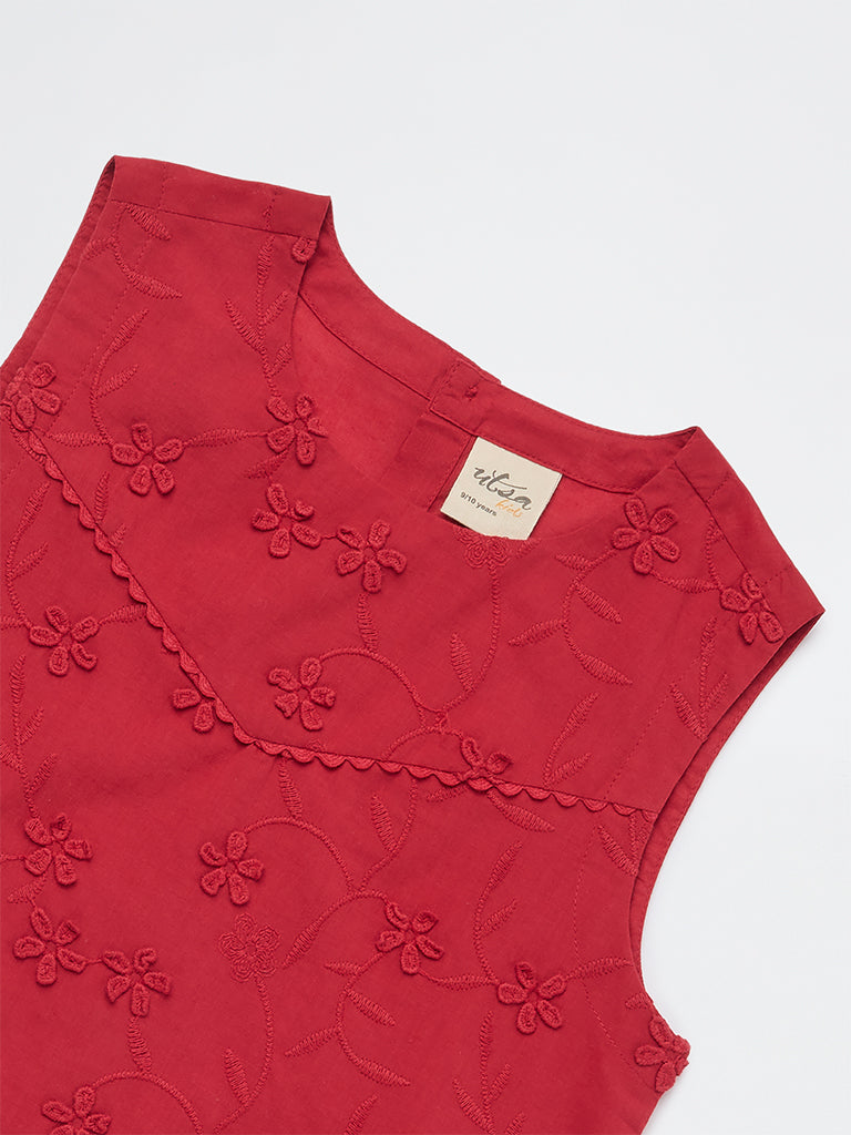 Utsa Kids Girls Red Floral Embroidered Cotton Top - (8-14 yrs)