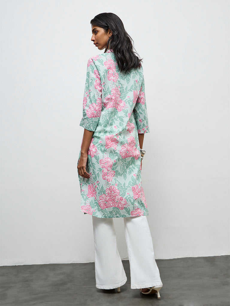 Utsa Mint Floral Printed Cotton Straight Kurta