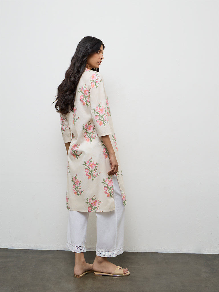 Utsa Pink Floral Printed Cotton Straight Kurta