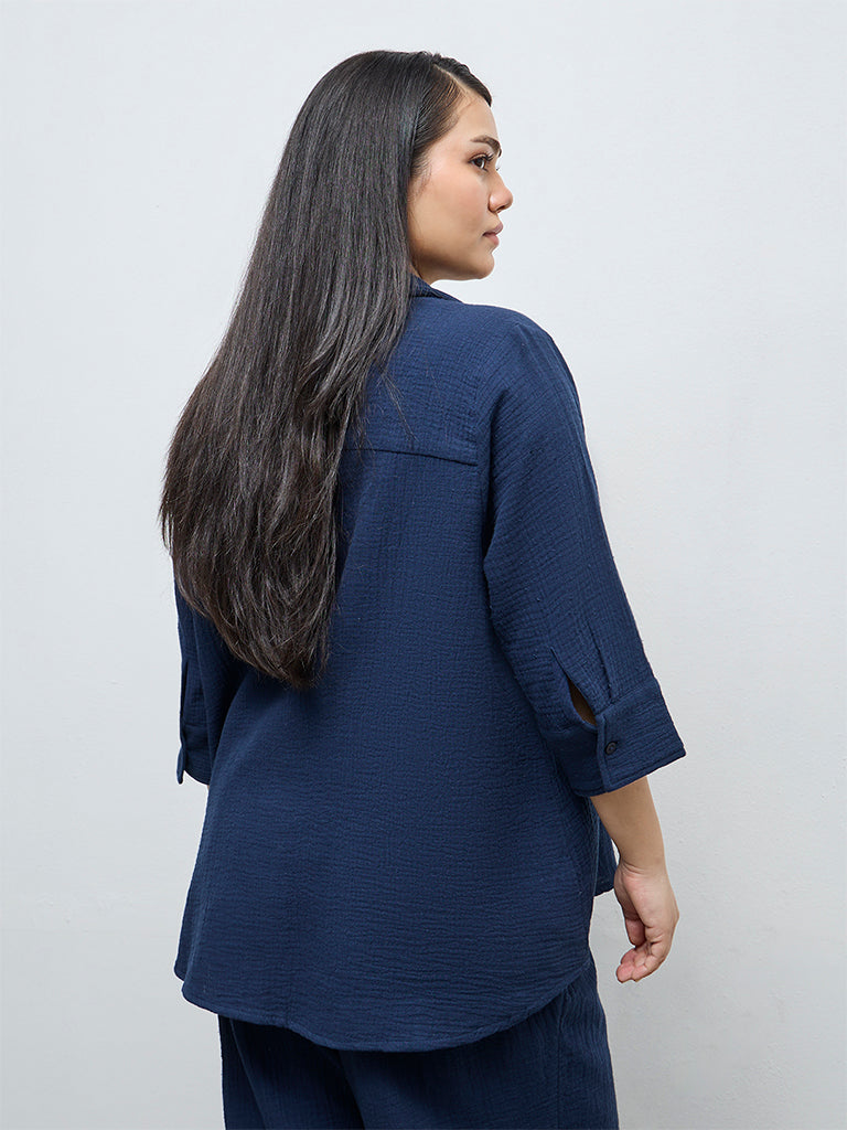 Gia Navy Crinkle-Textured Cotton Blouse