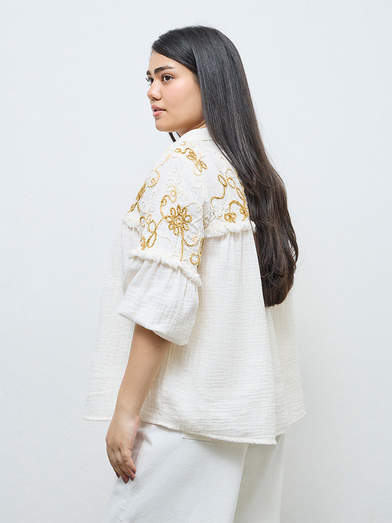 Gia Cream Floral Embroidered Cotton Blouse