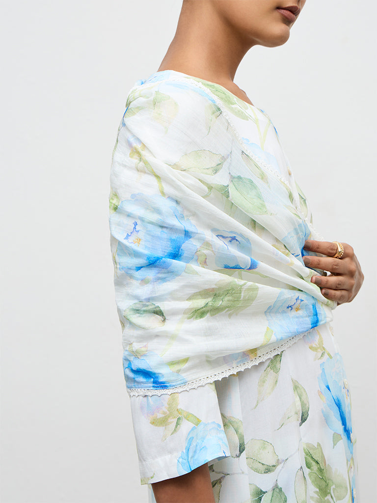 Zuba Blue Floral Printed Dupatta