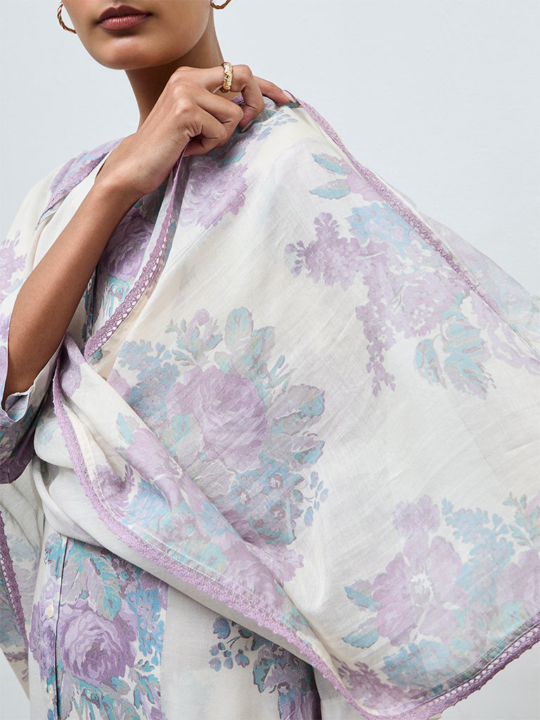 Zuba Off-White Floral Cotton-Blend Dupatta