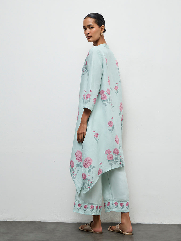 Zuba Blue Floral Printed A-Line Kurta