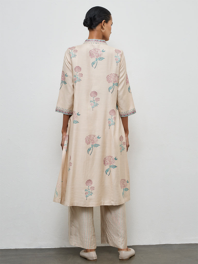 Zuba Beige Floral Printed A-Line Kurta