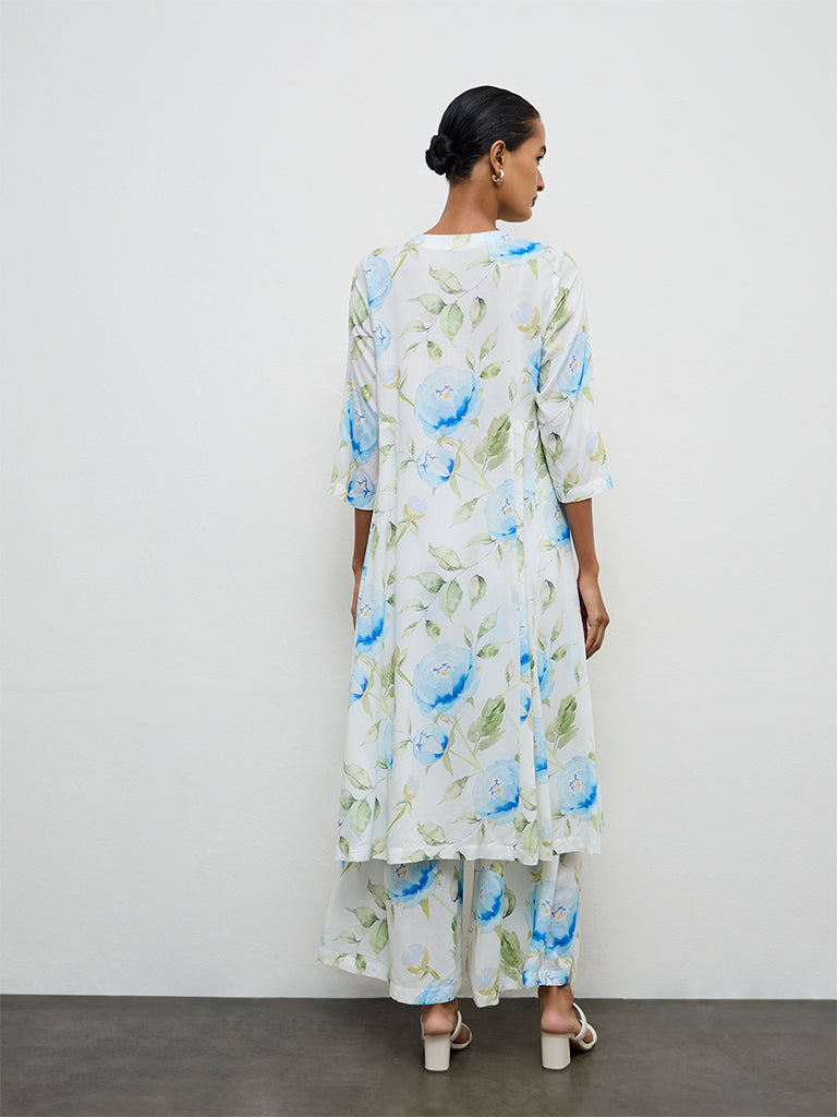 Zuba Blue Floral Printed A-Line Kurta
