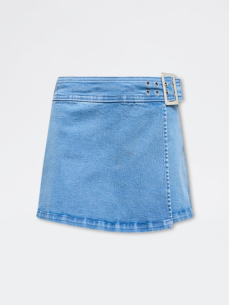Nuon Blue Buckle-Detail High-Rise Denim Skorts