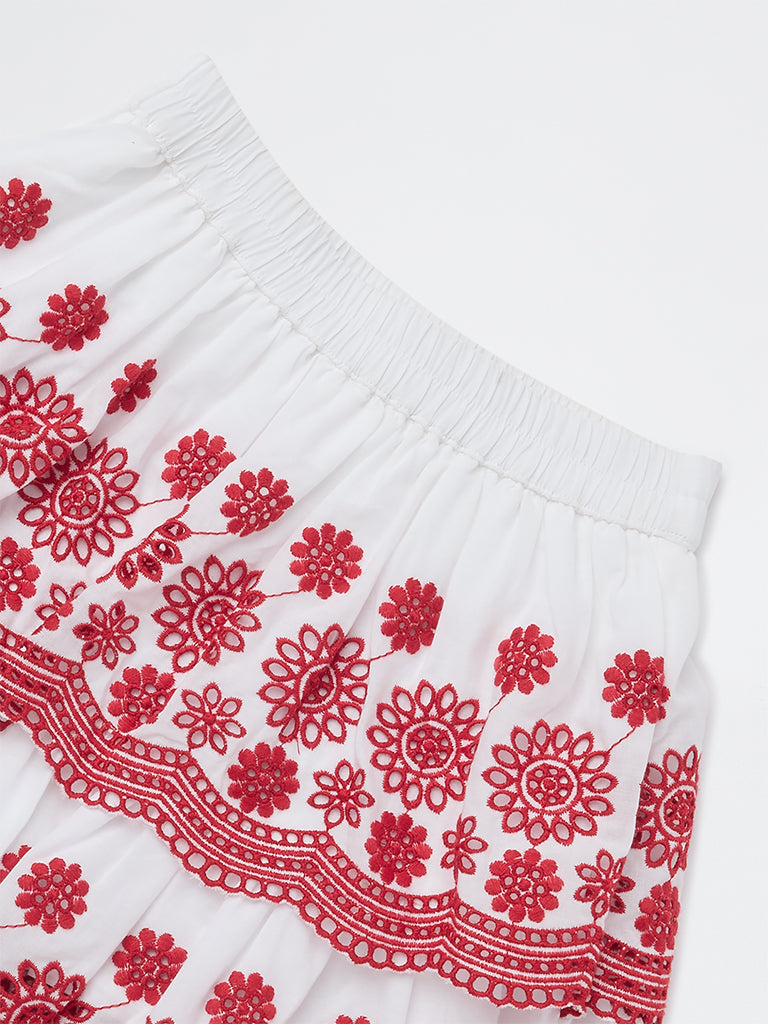 Utsa Kids Girls White Floral Embroidered Cotton Skirt - (2-8 yrs)