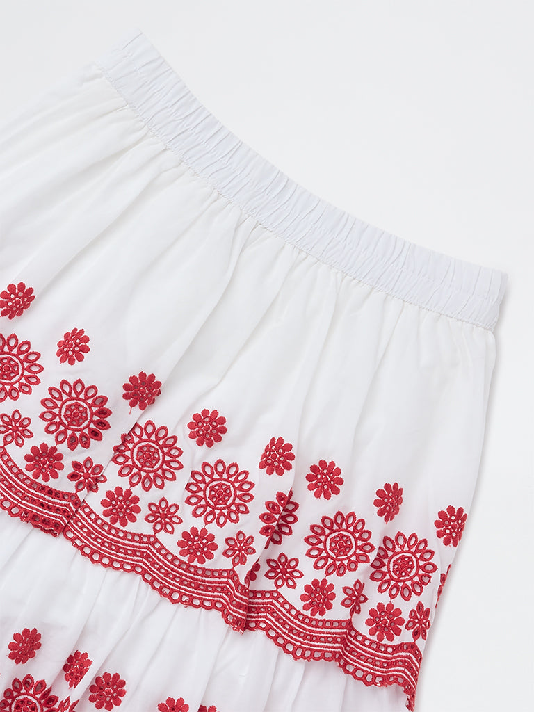 Utsa Kids Girls White Floral Embroidered Cotton Skirt - (8-14 yrs)