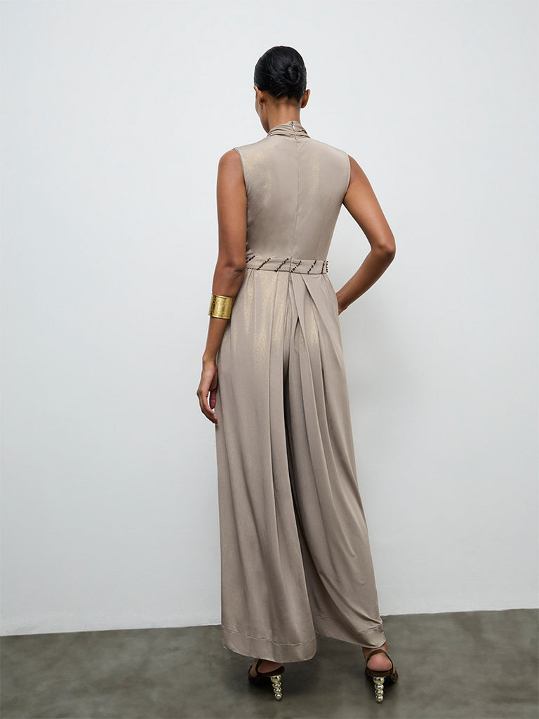 Vark Taupe Embellished Jumpsuit