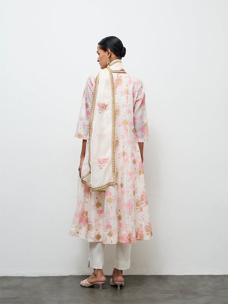 Vark Off-White Floral Printed A-Line Cotton-Blend Ethnic Set