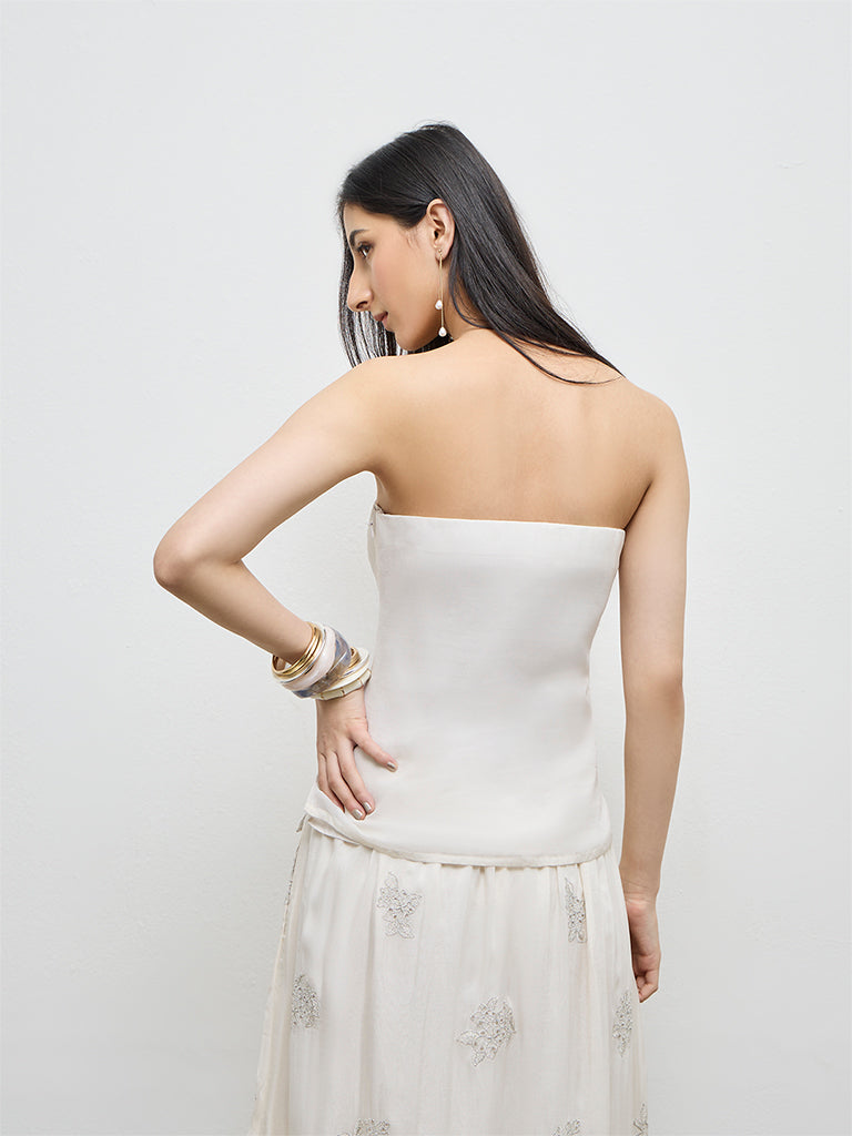 Vark White Floral Embroidered Tube Top