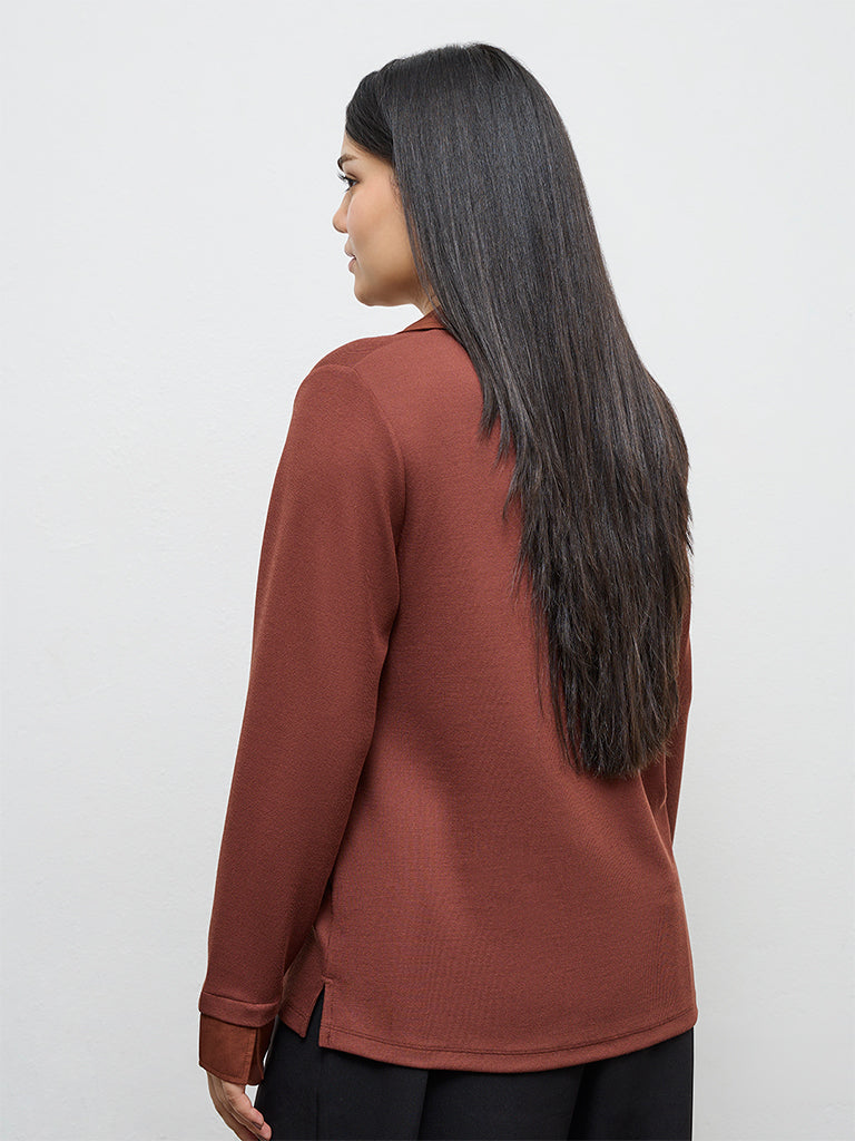 Gia Brown Ribbed-Textured T-Shirt