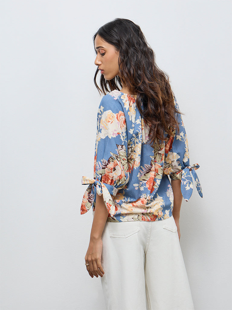 LOV Dusty Blue Floral Printed Blouse