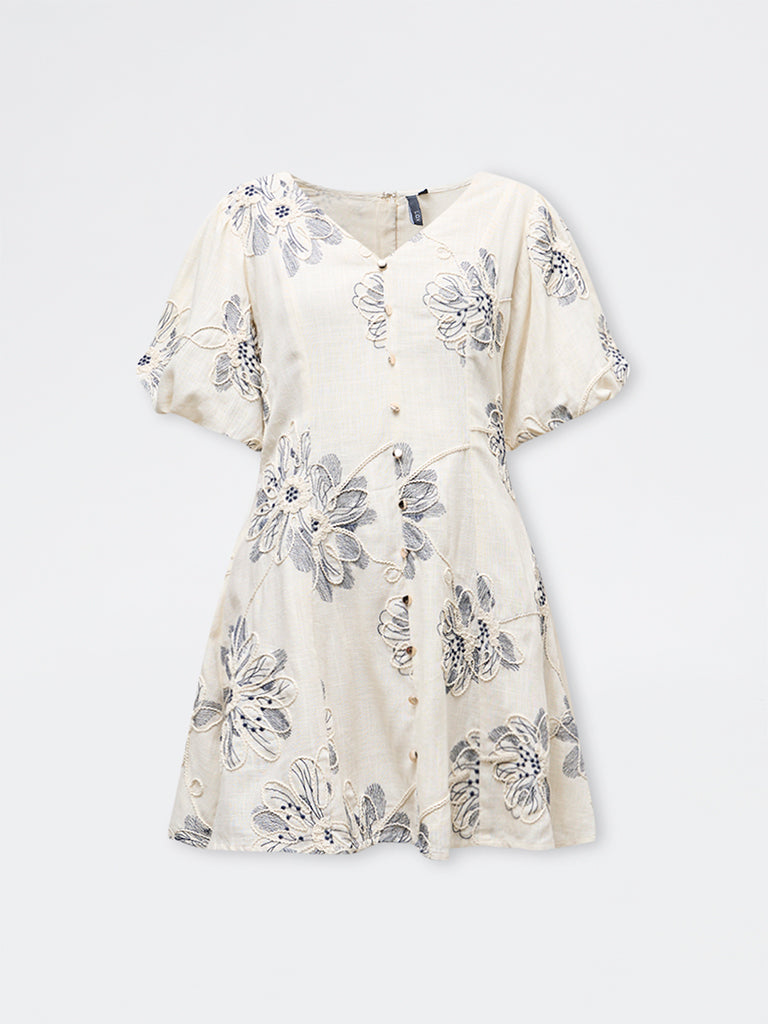 LOV Off-White Floral Embroidered A-Line Dress