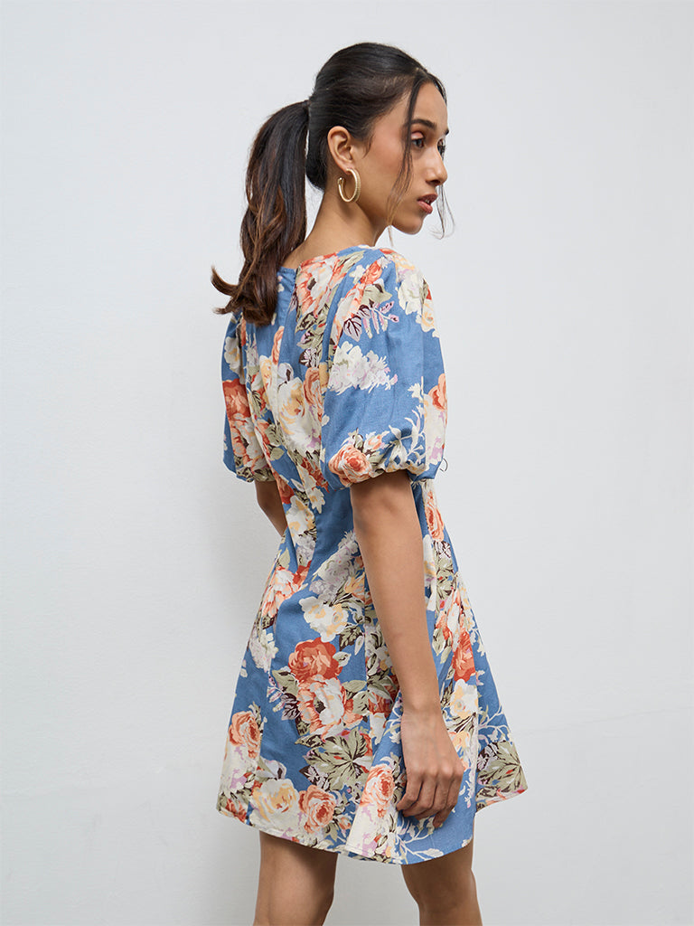 LOV Dusty Blue Floral Pattern A-Line Dress