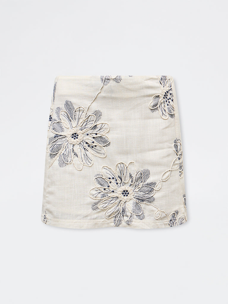 LOV Off-White Floral Embroidered High-Rise Skirt