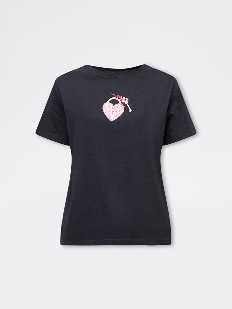 LOV Black Graphic Cotton T-Shirt