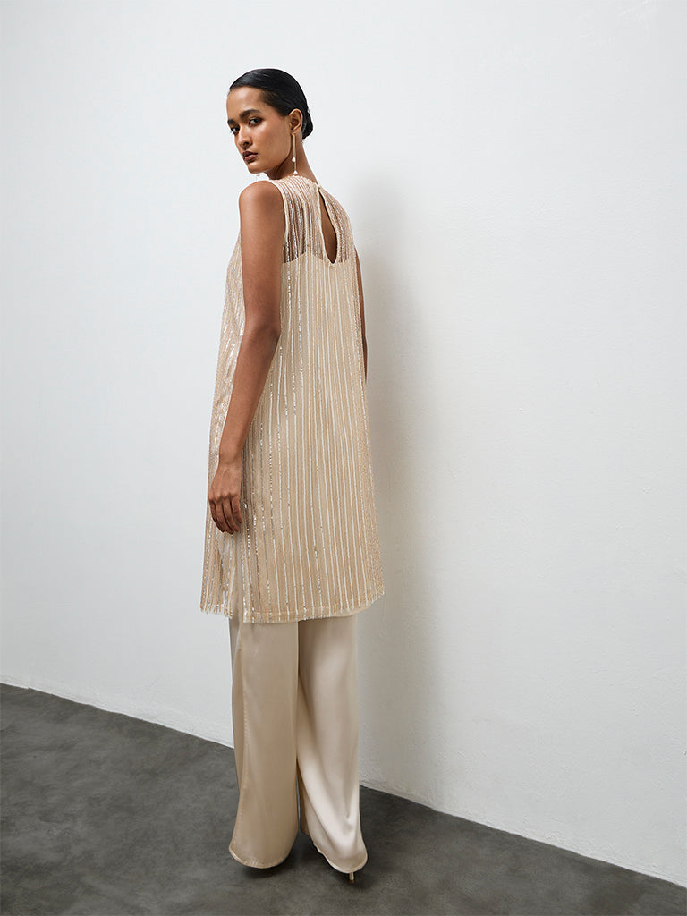 Vark Ivory Embellished Straight Ethnic Set with a Camisole