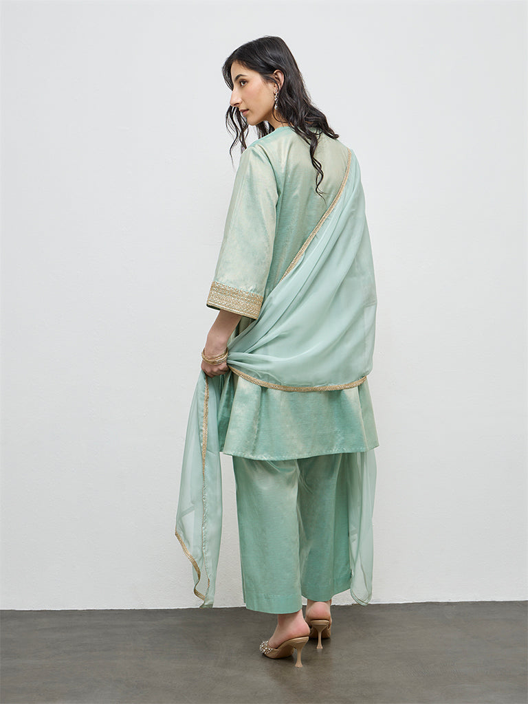 Vark Teal Embroidered Cotton-Blend A-Line Ethnic Set