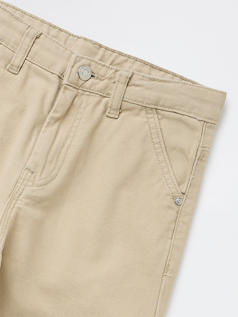 Boys Beige Solid Mid-Rise Denim Trousers