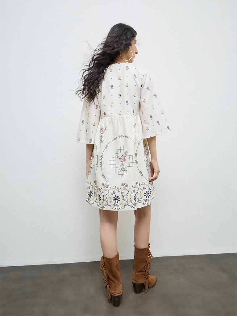 Bombay Paisley Off-White Floral Cotton-Blend A-Line Dress