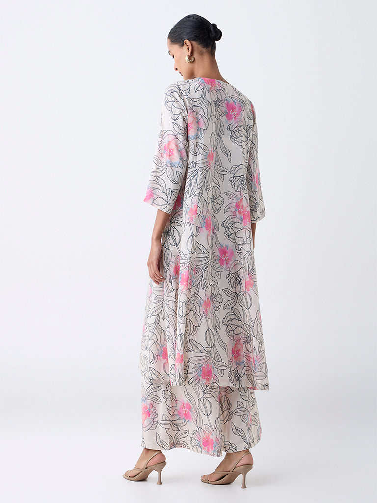 Zuba Off-White Floral Pattern A-Line Kurta