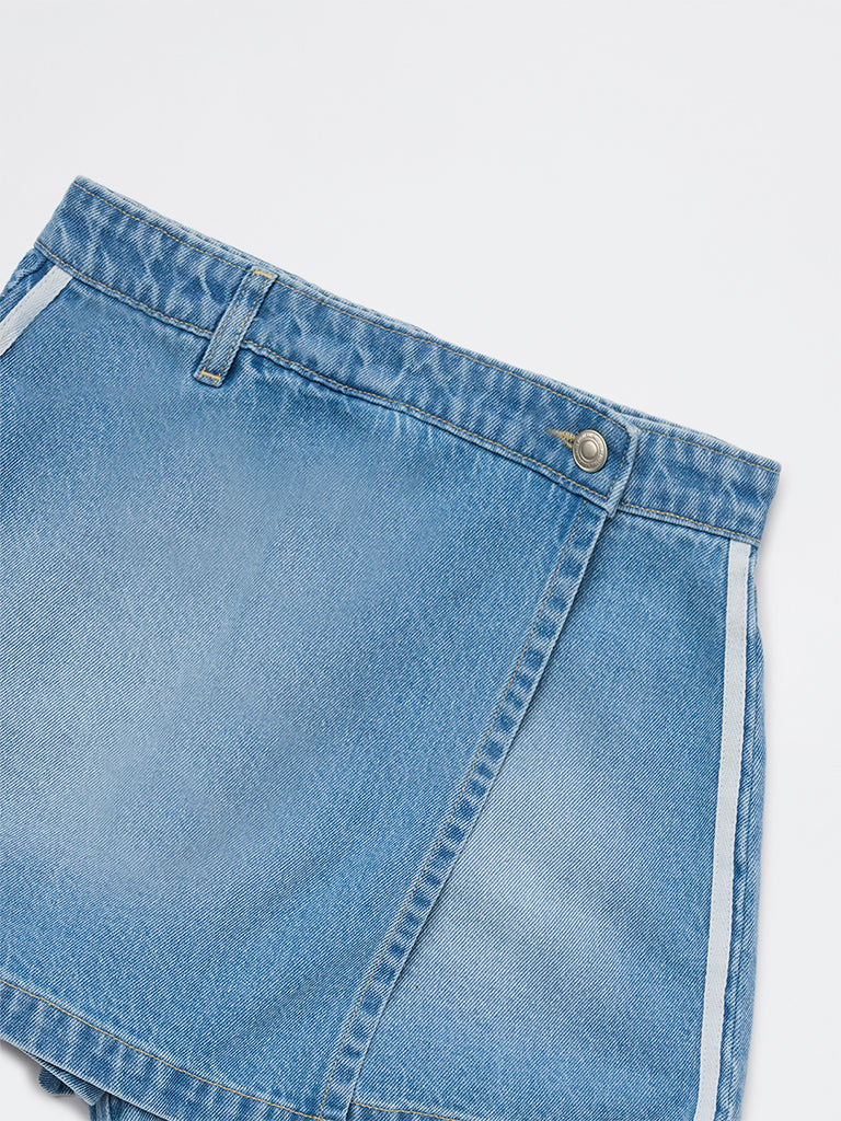 Girls Blue Faded High-Rise Denim Skorts