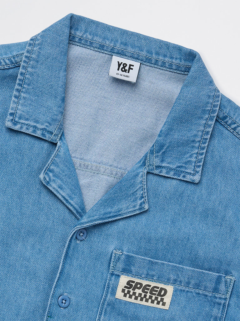 Girls Blue Text Design Denim Shirt