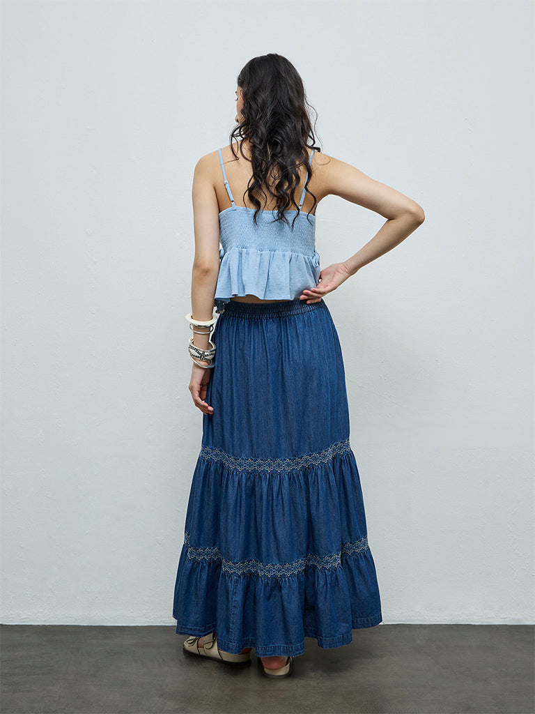 Bombay Paisley Blue Tiered Denim Skirt
