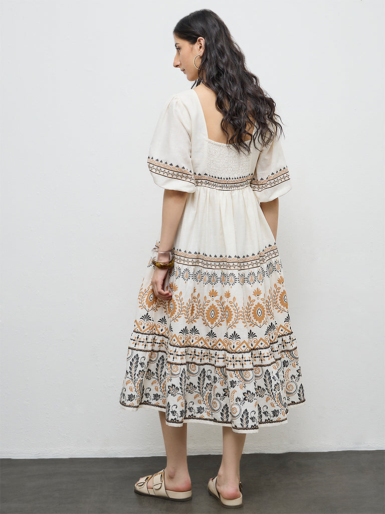 Bombay Paisley Off-White Printed Cotton A-Line Dress
