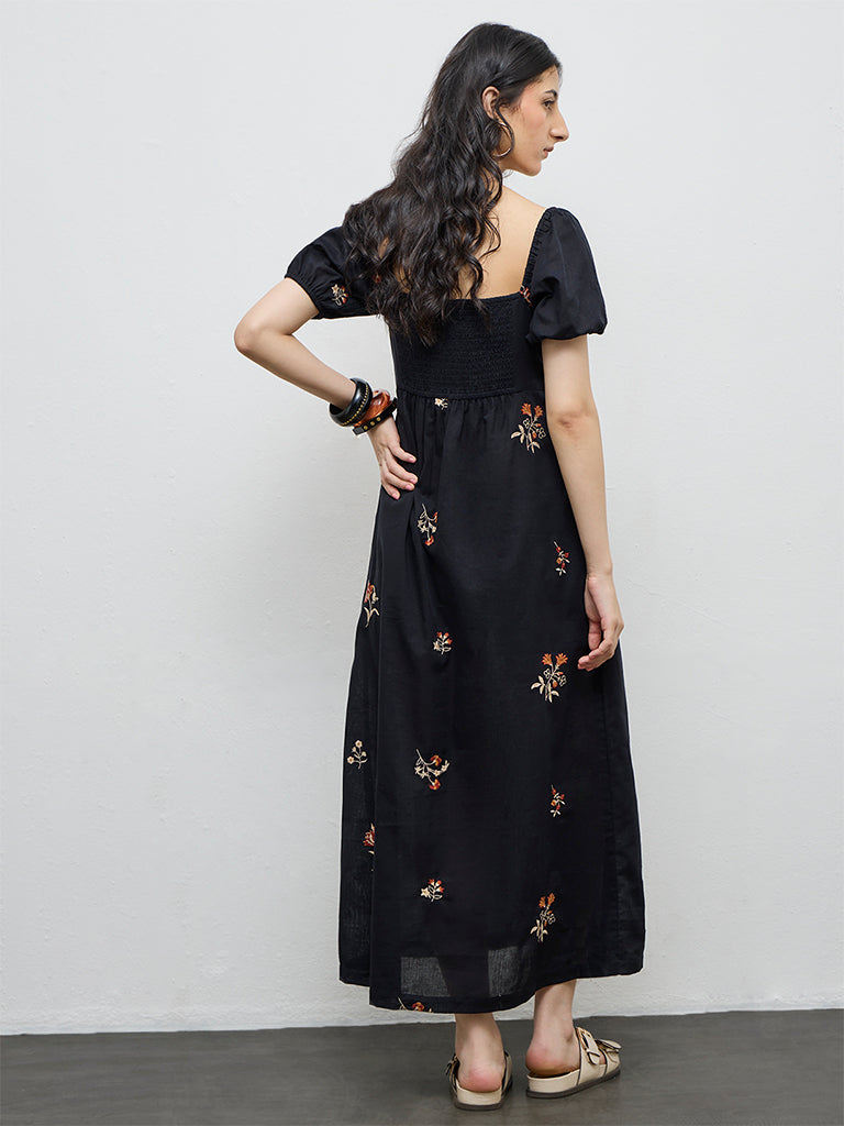 Bombay Paisley Black Embroidered Cotton A-Line Dress