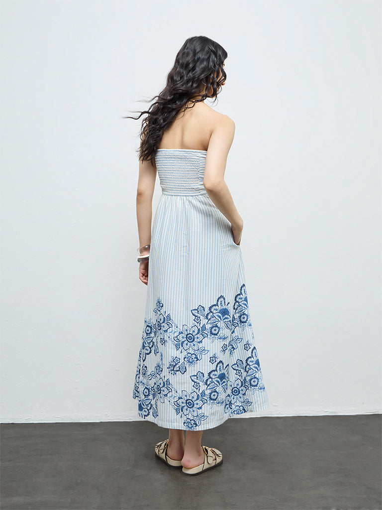 Bombay Paisley Blue Floral Design Off-Shoulder Cotton-Blend A-Line Dress