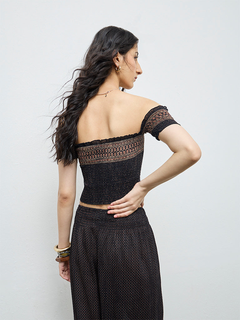 Bombay Paisley Black Badla Printed Smocked Cotton Top