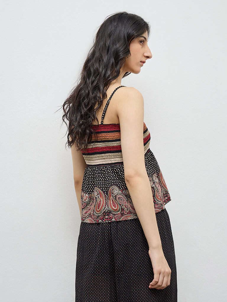 Bombay Paisley Black Smocked Cotton Top