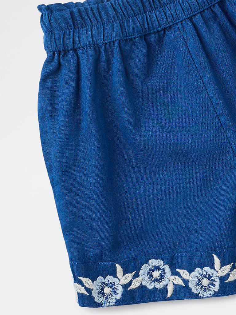 Utsa Kids Girls Indigo Embroidered Mid-Rise Cotton Shorts - (2-8 yrs)