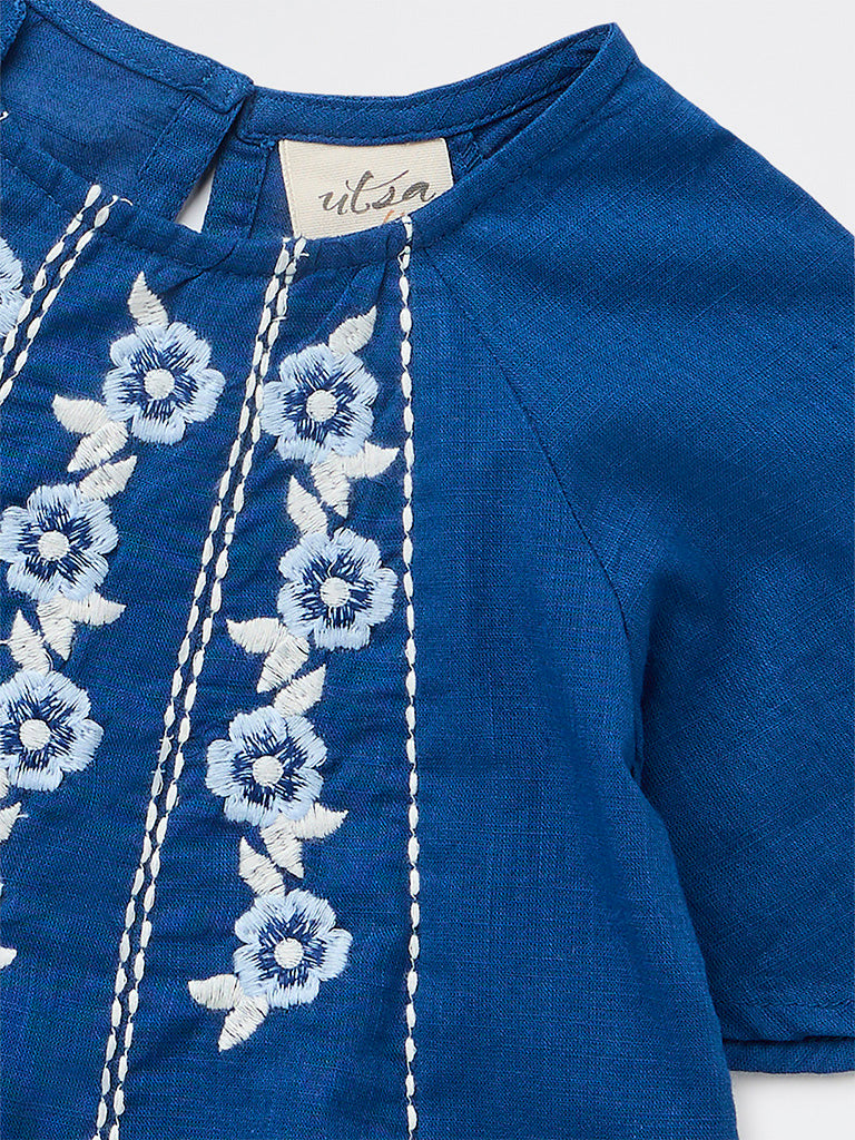 Utsa Kids Girls Indigo Embroidered Cotton Top - (2-8 yrs)