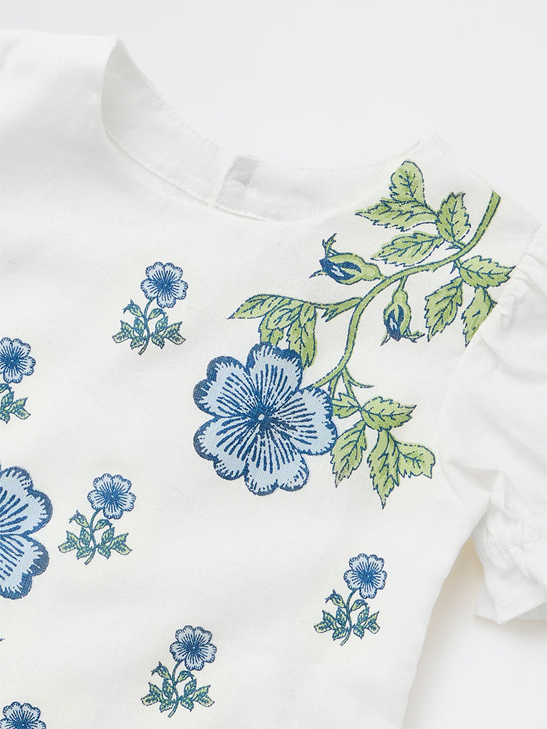 Utsa Kids Girls White Floral Printed Cotton-Blend Top - (2-8 yrs)